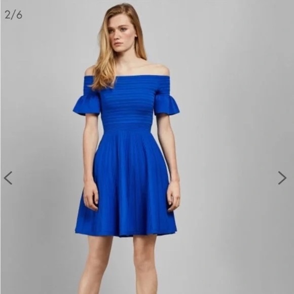 TED BAKER Bardot Frill Knitted Off-the-Shoulder Skater Dress Criptum Blue - Picture 3 of 9